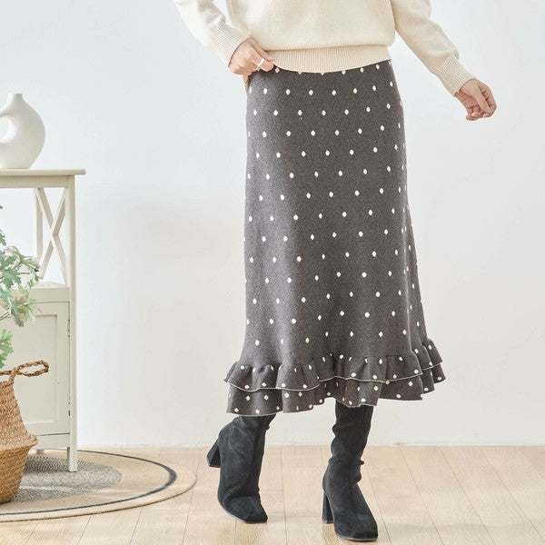 【M〜L】ドットジャガードニットスカート｜amie studio レディース ミモレ丈 ウエストゴム 裾フリル N42-160