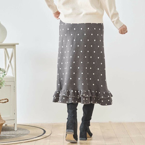 【M〜L】ドットジャガードニットスカート｜amie studio レディース ミモレ丈 ウエストゴム 裾フリル N42-160