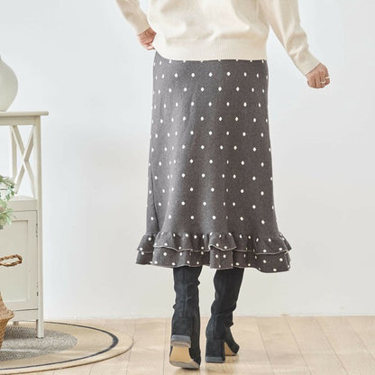【M〜L】ドットジャガードニットスカート｜amie studio レディース ミモレ丈 ウエストゴム 裾フリル N42-160
