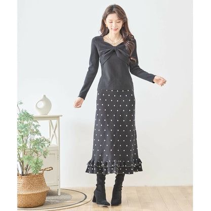 【M〜L】ドットジャガードニットスカート｜amie studio レディース ミモレ丈 ウエストゴム 裾フリル N42-160