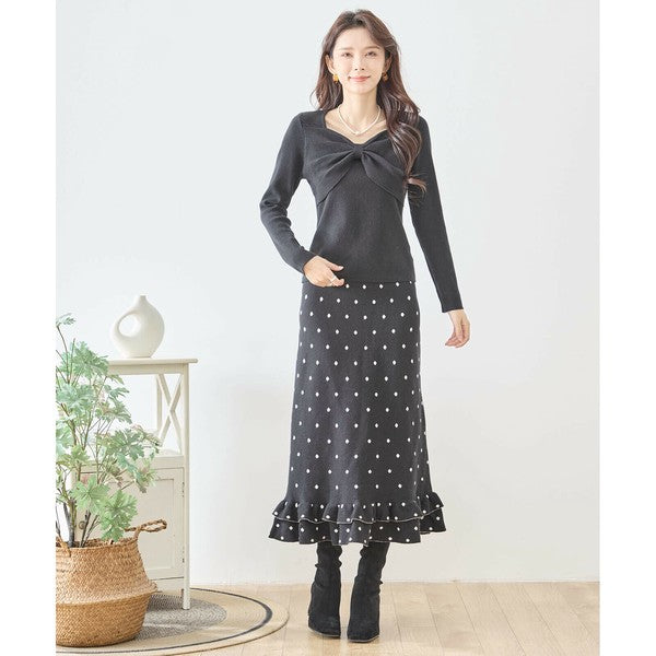 【M〜L】ドットジャガードニットスカート｜amie studio レディース ミモレ丈 ウエストゴム 裾フリル N42-160