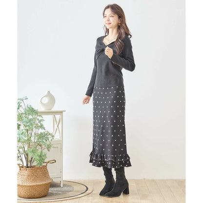 【M〜L】ドットジャガードニットスカート｜amie studio レディース ミモレ丈 ウエストゴム 裾フリル N42-160