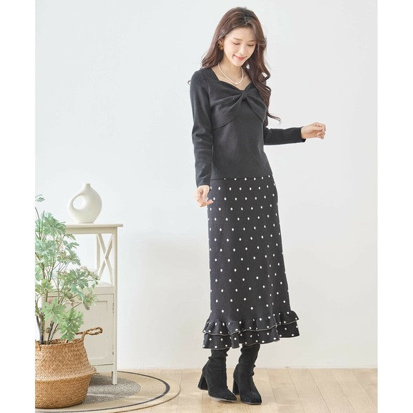 【M〜L】ドットジャガードニットスカート｜amie studio レディース ミモレ丈 ウエストゴム 裾フリル N42-160