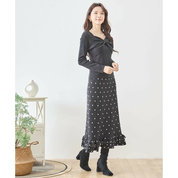 【M〜L】ドットジャガードニットスカート｜amie studio レディース ミモレ丈 ウエストゴム 裾フリル N42-160