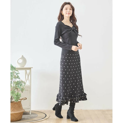 【M〜L】ドットジャガードニットスカート｜amie studio レディース ミモレ丈 ウエストゴム 裾フリル N42-160