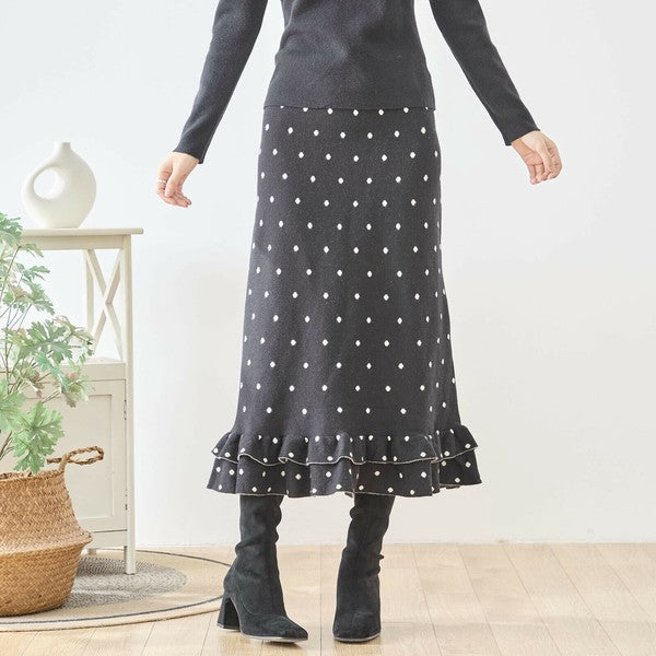 【M〜L】ドットジャガードニットスカート｜amie studio レディース ミモレ丈 ウエストゴム 裾フリル N42-160