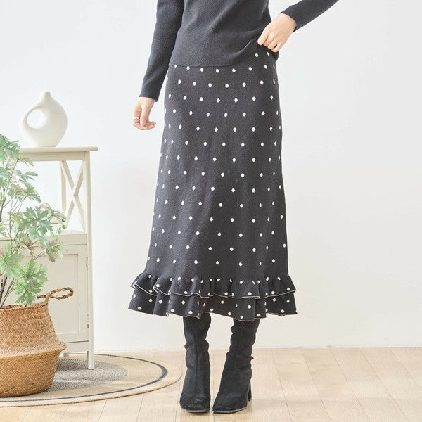 【M〜L】ドットジャガードニットスカート｜amie studio レディース ミモレ丈 ウエストゴム 裾フリル N42-160