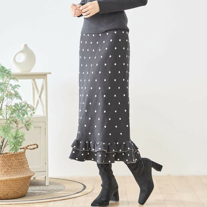 【M〜L】ドットジャガードニットスカート｜amie studio レディース ミモレ丈 ウエストゴム 裾フリル N42-160