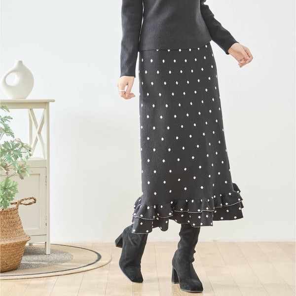 【M〜L】ドットジャガードニットスカート｜amie studio レディース ミモレ丈 ウエストゴム 裾フリル N42-160
