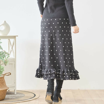 【M〜L】ドットジャガードニットスカート｜amie studio レディース ミモレ丈 ウエストゴム 裾フリル N42-160