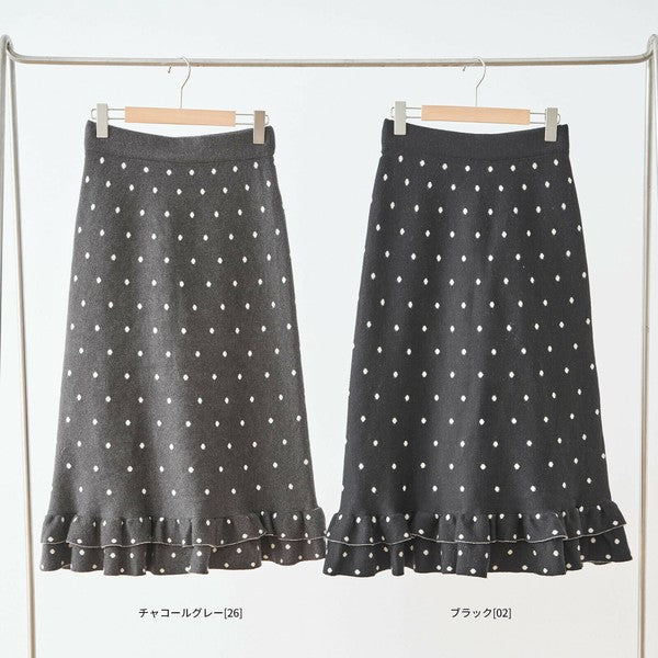 【M〜L】ドットジャガードニットスカート｜amie studio レディース ミモレ丈 ウエストゴム 裾フリル N42-160