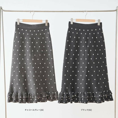 【M〜L】ドットジャガードニットスカート｜amie studio レディース ミモレ丈 ウエストゴム 裾フリル N42-160
