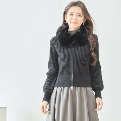 【M〜L】ファーカラージップニットジャケット｜reve bleu レディース 羽織り 長袖 上品 暖かい ショート丈 N22-210