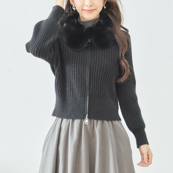 【M〜L】ファーカラージップニットジャケット｜reve bleu レディース 羽織り 長袖 上品 暖かい ショート丈 N22-210