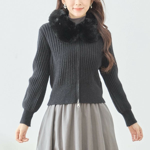 【M〜L】ファーカラージップニットジャケット｜reve bleu レディース 羽織り 長袖 上品 暖かい ショート丈 N22-210