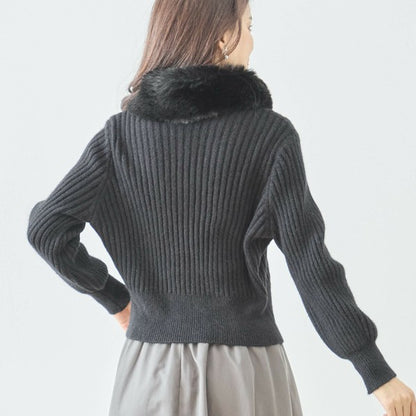 【M〜L】ファーカラージップニットジャケット｜reve bleu レディース 羽織り 長袖 上品 暖かい ショート丈 N22-210