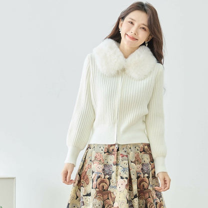 【M〜L】ファーカラージップニットジャケット｜reve bleu レディース 羽織り 長袖 上品 暖かい ショート丈 N22-210