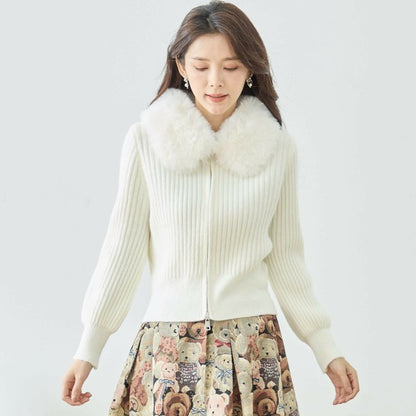 【M〜L】ファーカラージップニットジャケット｜reve bleu レディース 羽織り 長袖 上品 暖かい ショート丈 N22-210