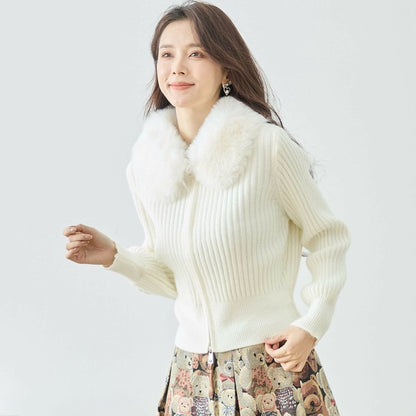 【M〜L】ファーカラージップニットジャケット｜reve bleu レディース 羽織り 長袖 上品 暖かい ショート丈 N22-210