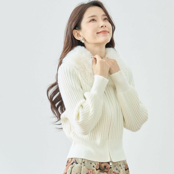 【M〜L】ファーカラージップニットジャケット｜reve bleu レディース 羽織り 長袖 上品 暖かい ショート丈 N22-210