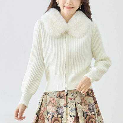 【M〜L】ファーカラージップニットジャケット｜reve bleu レディース 羽織り 長袖 上品 暖かい ショート丈 N22-210