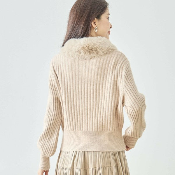 【M〜L】ファーカラージップニットジャケット｜reve bleu レディース 羽織り 長袖 上品 暖かい ショート丈 N22-210