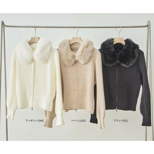 【M〜L】ファーカラージップニットジャケット｜reve bleu レディース 羽織り 長袖 上品 暖かい ショート丈 N22-210