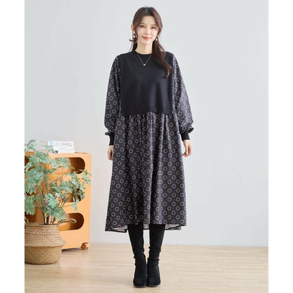 【L〜LL】異素材ドッキングサークル柄ワンピース｜TRUBE 秋冬 レディース 長袖 ロング丈 体型カバー 大人可愛い N83-012