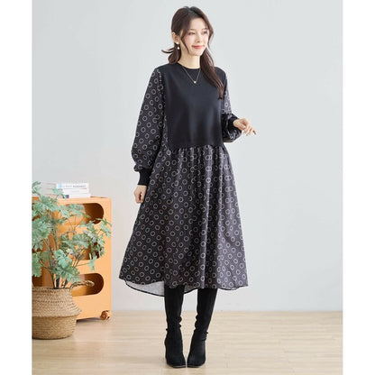 【L〜LL】異素材ドッキングサークル柄ワンピース｜TRUBE 秋冬 レディース 長袖 ロング丈 体型カバー 大人可愛い N83-012