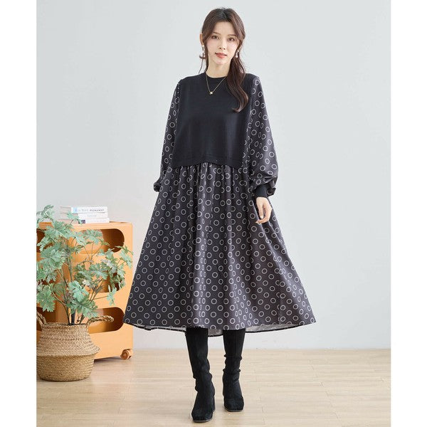 【L〜LL】異素材ドッキングサークル柄ワンピース｜TRUBE 秋冬 レディース 長袖 ロング丈 体型カバー 大人可愛い N83-012