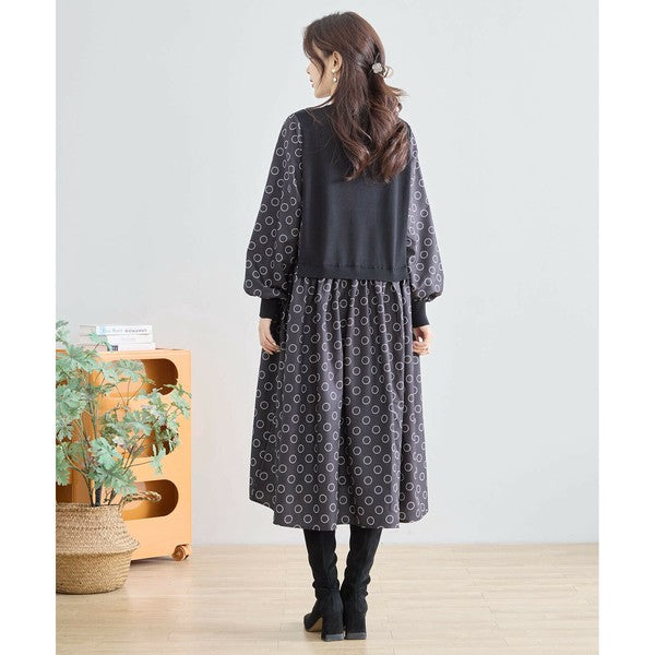【L〜LL】異素材ドッキングサークル柄ワンピース｜TRUBE 秋冬 レディース 長袖 ロング丈 体型カバー 大人可愛い N83-012