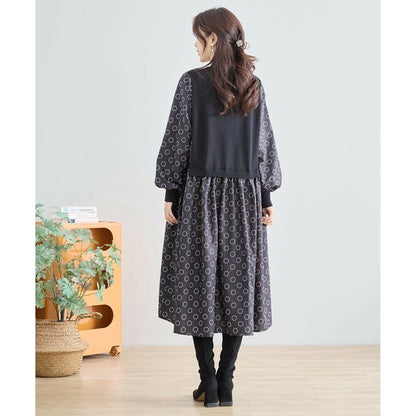 【L〜LL】異素材ドッキングサークル柄ワンピース｜TRUBE 秋冬 レディース 長袖 ロング丈 体型カバー 大人可愛い N83-012