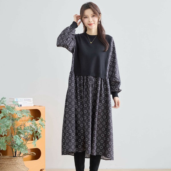 【L〜LL】異素材ドッキングサークル柄ワンピース｜TRUBE 秋冬 レディース 長袖 ロング丈 体型カバー 大人可愛い N83-012