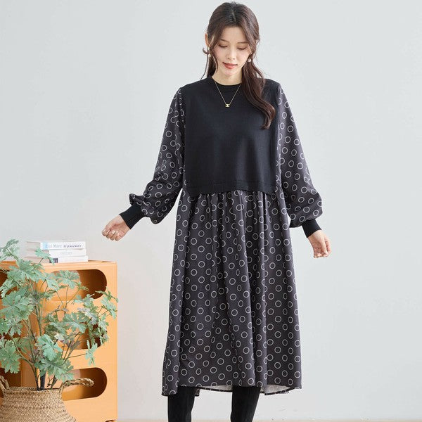 【L〜LL】異素材ドッキングサークル柄ワンピース｜TRUBE 秋冬 レディース 長袖 ロング丈 体型カバー 大人可愛い N83-012