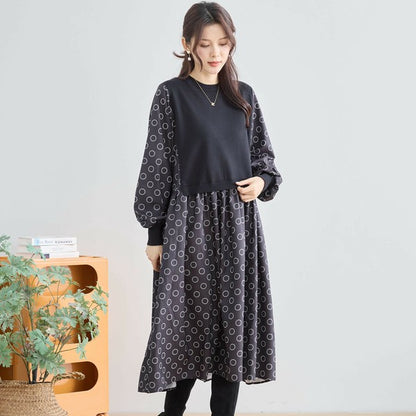 【L〜LL】異素材ドッキングサークル柄ワンピース｜TRUBE 秋冬 レディース 長袖 ロング丈 体型カバー 大人可愛い N83-012