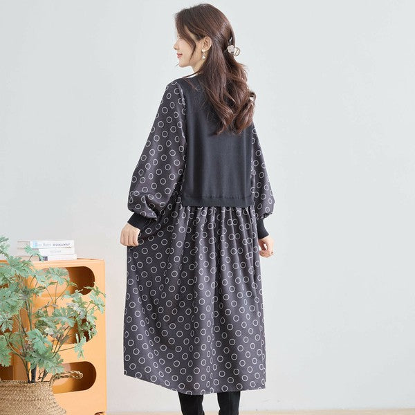 【L〜LL】異素材ドッキングサークル柄ワンピース｜TRUBE 秋冬 レディース 長袖 ロング丈 体型カバー 大人可愛い N83-012