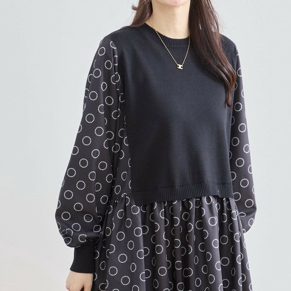 【L〜LL】異素材ドッキングサークル柄ワンピース｜TRUBE 秋冬 レディース 長袖 ロング丈 体型カバー 大人可愛い N83-012