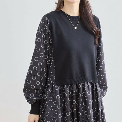 【L〜LL】異素材ドッキングサークル柄ワンピース｜TRUBE 秋冬 レディース 長袖 ロング丈 体型カバー 大人可愛い N83-012