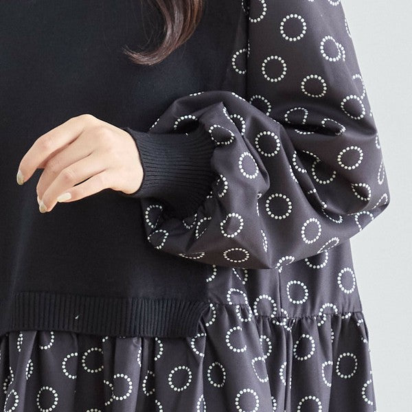 【L〜LL】異素材ドッキングサークル柄ワンピース｜TRUBE 秋冬 レディース 長袖 ロング丈 体型カバー 大人可愛い N83-012