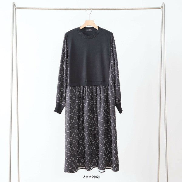 【L〜LL】異素材ドッキングサークル柄ワンピース｜TRUBE 秋冬 レディース 長袖 ロング丈 体型カバー 大人可愛い N83-012