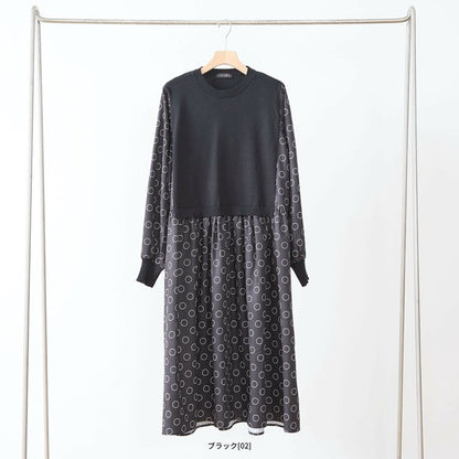 【L〜LL】異素材ドッキングサークル柄ワンピース｜TRUBE 秋冬 レディース 長袖 ロング丈 体型カバー 大人可愛い N83-012