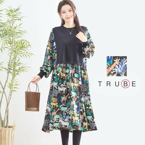 【L〜LL】レイヤード風サファリプリントワンピース｜異素材切替・アニマル柄・長袖・TRUBE・N83-060