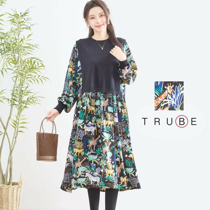 【L〜LL】レイヤード風サファリプリントワンピース｜異素材切替・アニマル柄・長袖・TRUBE・N83-060