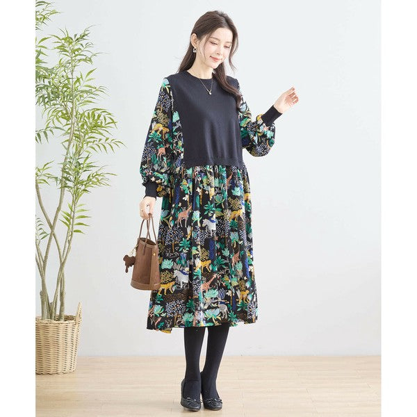 L〜LL】レイヤード風サファリプリントワンピース｜異素材切替