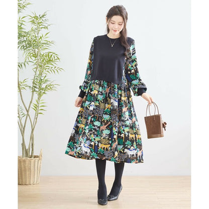 【L〜LL】レイヤード風サファリプリントワンピース｜異素材切替・アニマル柄・長袖・TRUBE・N83-060