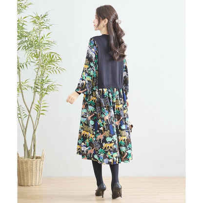 【L〜LL】レイヤード風サファリプリントワンピース｜異素材切替・アニマル柄・長袖・TRUBE・N83-060