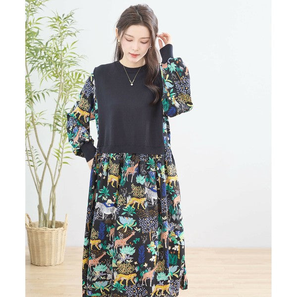 【L〜LL】レイヤード風サファリプリントワンピース｜異素材切替・アニマル柄・長袖・TRUBE・N83-060