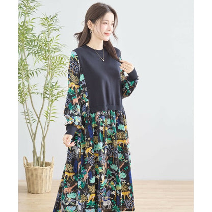 【L〜LL】レイヤード風サファリプリントワンピース｜異素材切替・アニマル柄・長袖・TRUBE・N83-060