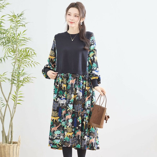 【L〜LL】レイヤード風サファリプリントワンピース｜異素材切替・アニマル柄・長袖・TRUBE・N83-060