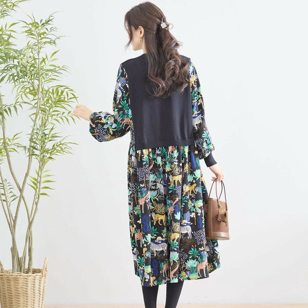 【L〜LL】レイヤード風サファリプリントワンピース｜異素材切替・アニマル柄・長袖・TRUBE・N83-060